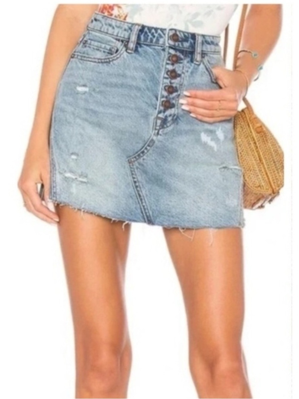 We The Free People Blue Denim Skirt Button Fly Raw Hem Distressed Size 26